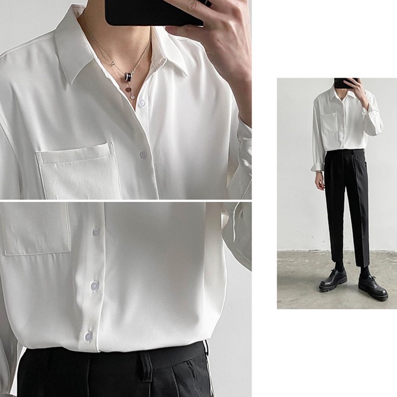 Áo Sơ Mi Tay Dài Dáng Rộng Màu Trơn Thời Trang Công Sở Hàn Quốc Cho Nam