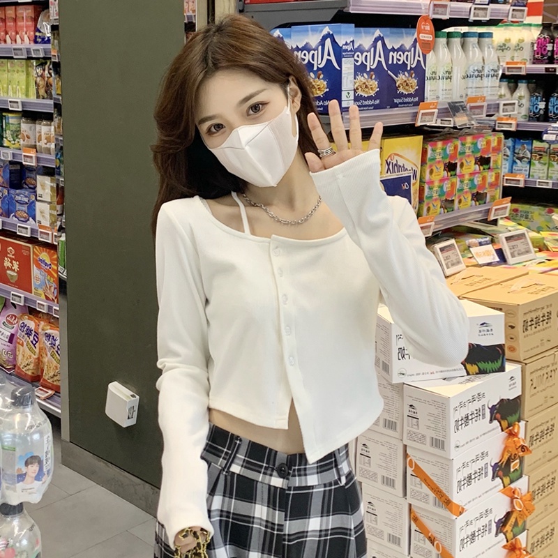 LEEVA - Áo croptop nữ cổ tròn phối dây cách điệu dài tay A199
