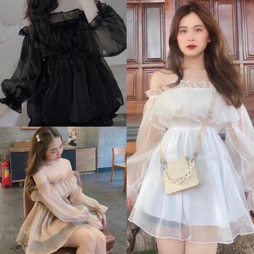 Đầm kiểu tiểu thư vai bệt, tay dài chất vải voan