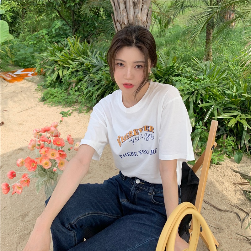 SUXI Áo Thun Tay Ngắn Cổ Tròn Dáng Rộng In Chữ Thời Trang Mùa Hè Cho Nữ