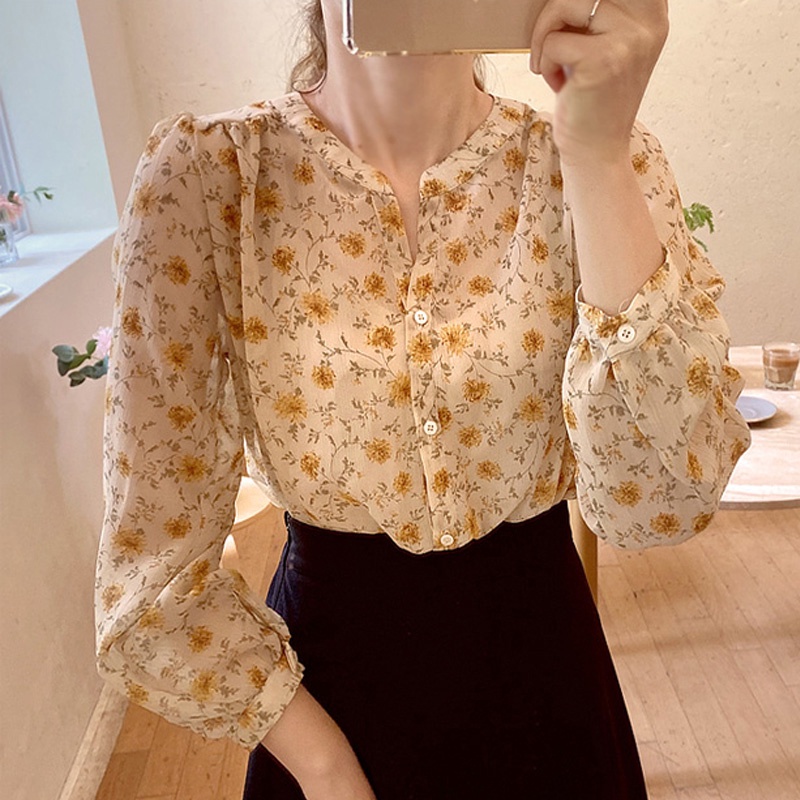 Áo sơ mi tay dài vải chiffon mỏng in hoa thời trang thời thượng cho nữ
