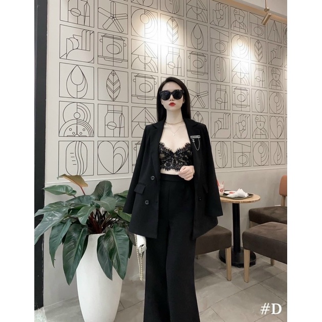 Set vest 4 nút quần ống rộng kèm bra
