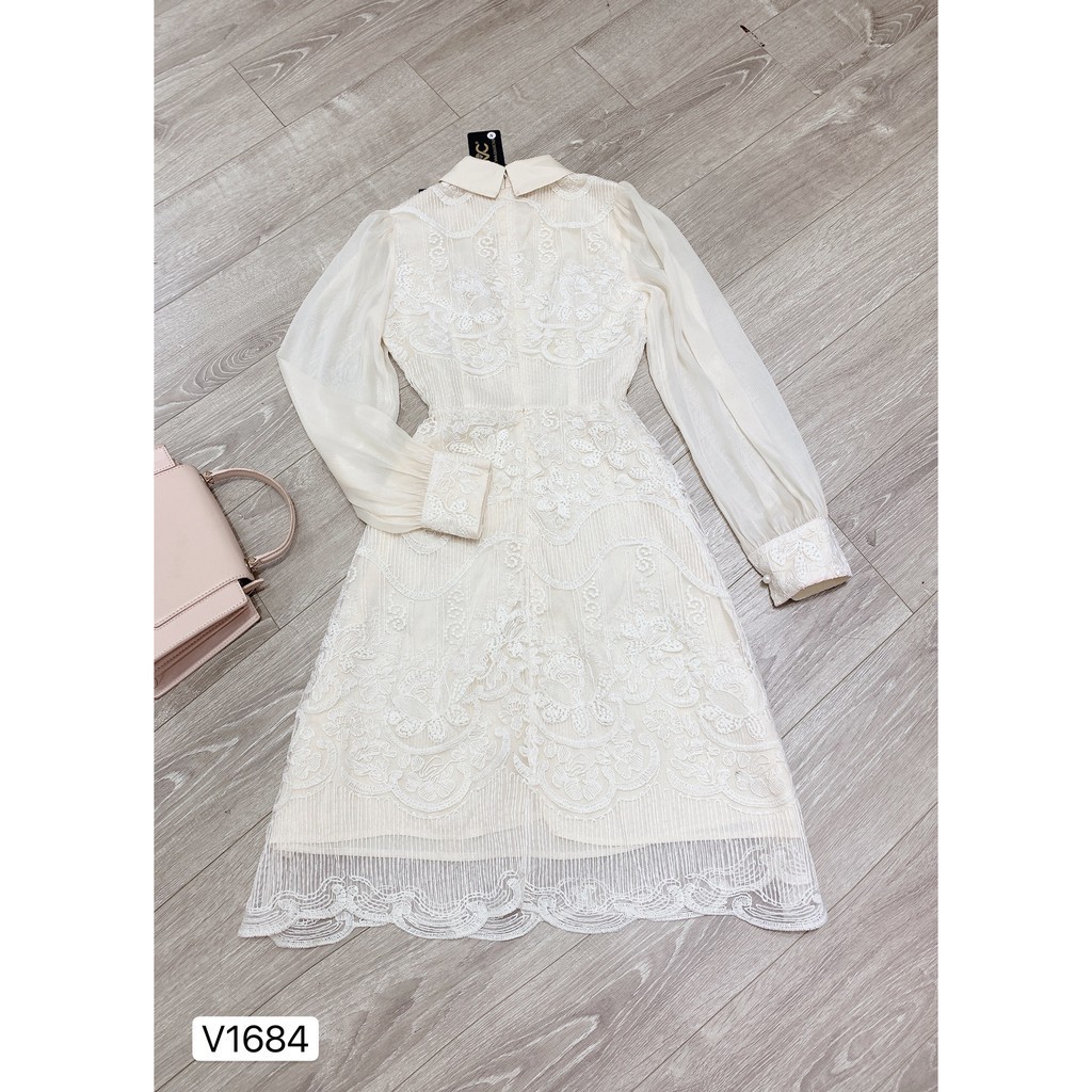 Đầm nữ váy trắng 💗 Đẹp DVC 💗 Váy ren kem tay dài cổ đức V1684 | BigBuy360 - bigbuy360.vn