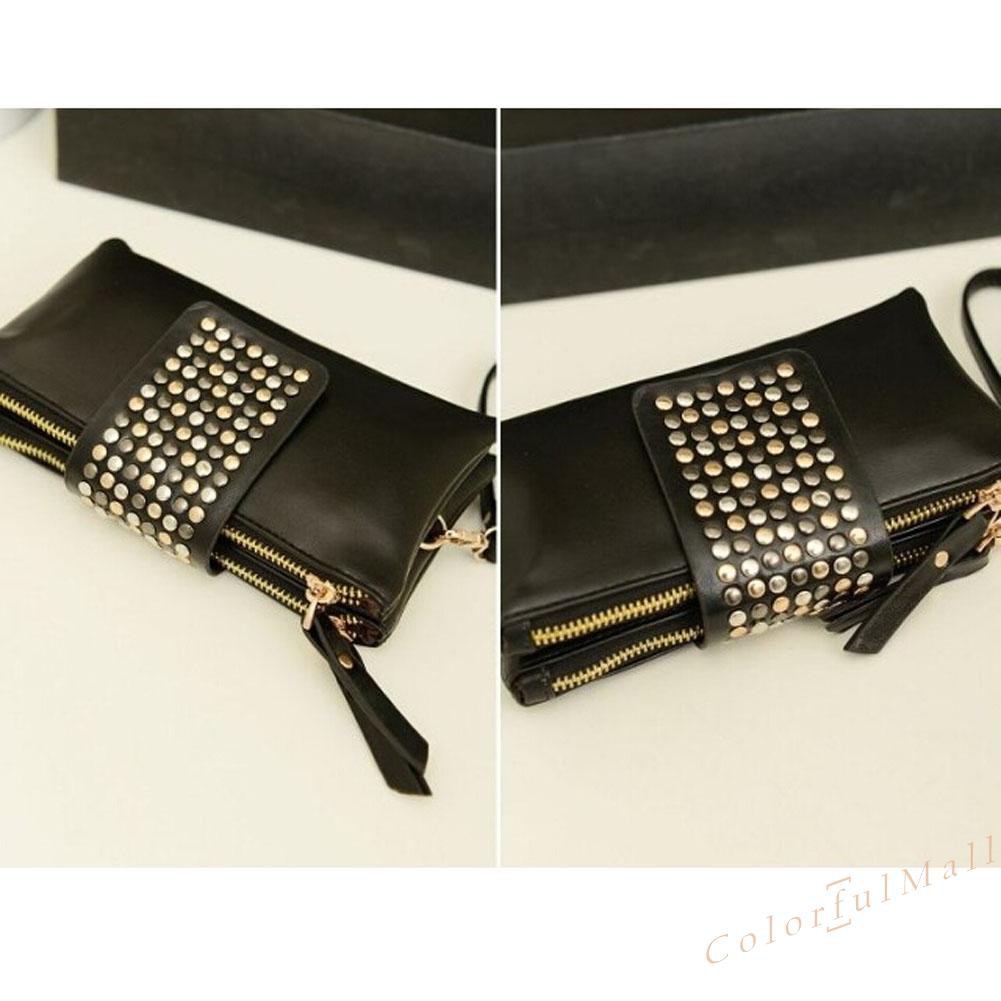 Women PU Leather Black Rivet Handbag Clutch Bag Zipper Long Wallet