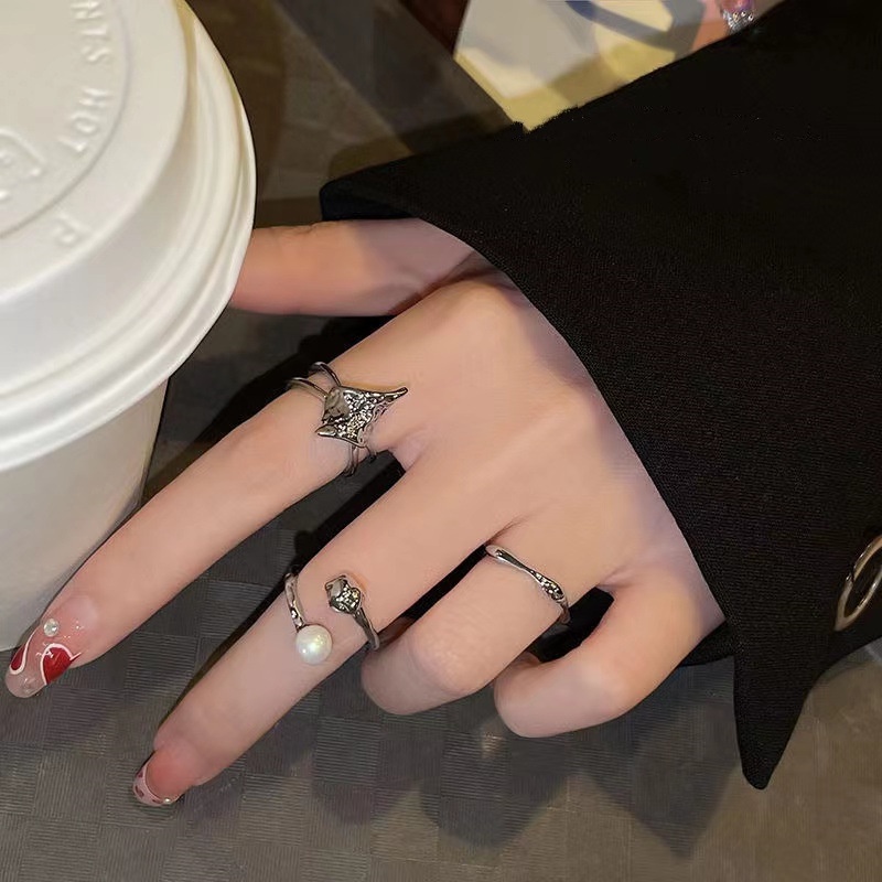 European and American Niche Lava Pearl Ring Female Opening Design Ins Net Red Cold Wind Retro Simple Personality Trendy Men and Women