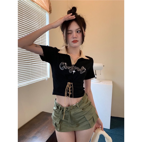 Áo Croptop Tay Ngắn Cột Dây Eo Màu Đen Phong Cách Ullzang