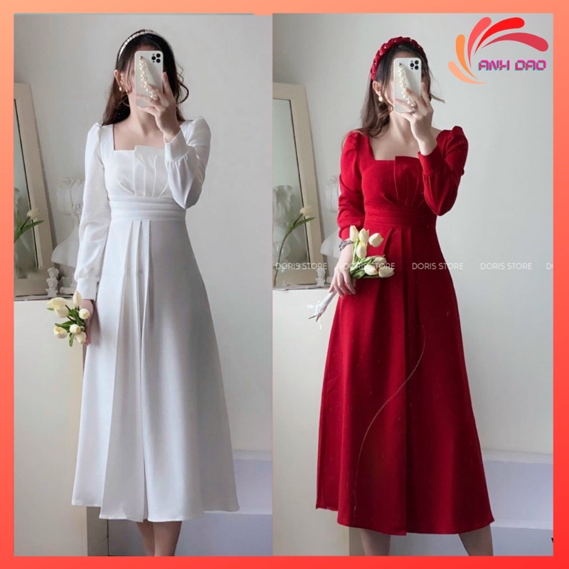 Váy nữ dự tiệc xẻ ngực tay dài Vintage dáng xoè maxi chất cotton Nhật V0034 màu trắng đỏ DENI DRESS