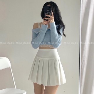 Len trễ vai / váy xếp li trắng / bra trắng
