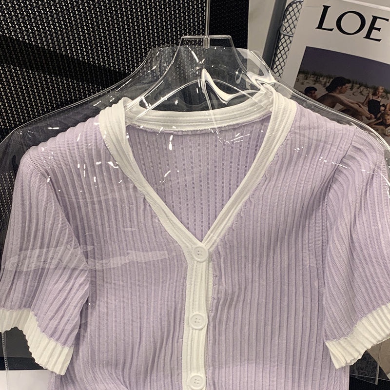 Áo cardigan Dệt Kim Tay Phồng Ngắn Cổ Chữ v Màu Tím Thời Trang Mùa Hè Cho Nữ