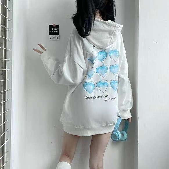 Áo Hoodie Tay Dài Form Rộng Họa Tiết Trái Tim Dễ Phối Đồ