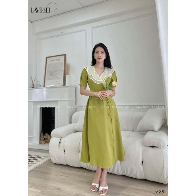 Váy phối cổ V ,đâm tơ hai lớp vạt cúc bọc,chất vải mango co giãn nhẹ,cúc bọc tỉ mỉ thủ công lên đồ chanh xả-Minxy shop