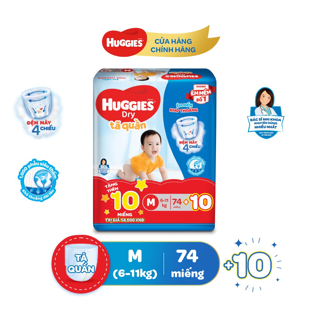 Tã quần HUGGIES DRY PANTS SUPER JUMBO M74 (5-10kg) + Tặng 10 miếng