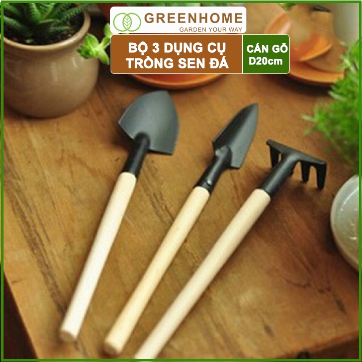 2 bộ Dụng cụ làm vườn mini, 3 món tiện lợi, chuyên dụng trồng Sen đá ,cán gỗ |Greenhome