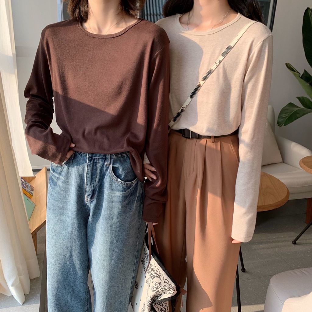 Áo Thun Tay Dài Cổ Tròn Màu Sắc Đơn Giản Dành Cho Nữ