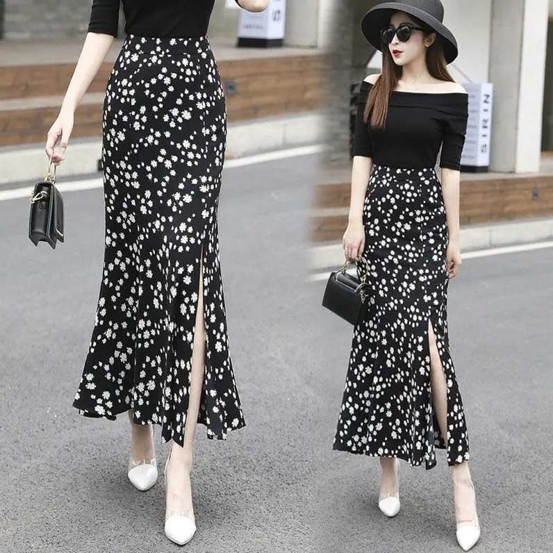 Chân Váy Maxi Lưng Cao Hoạ Tiết Hoa Cúc Phong Cách Hàn Quốc Mới
