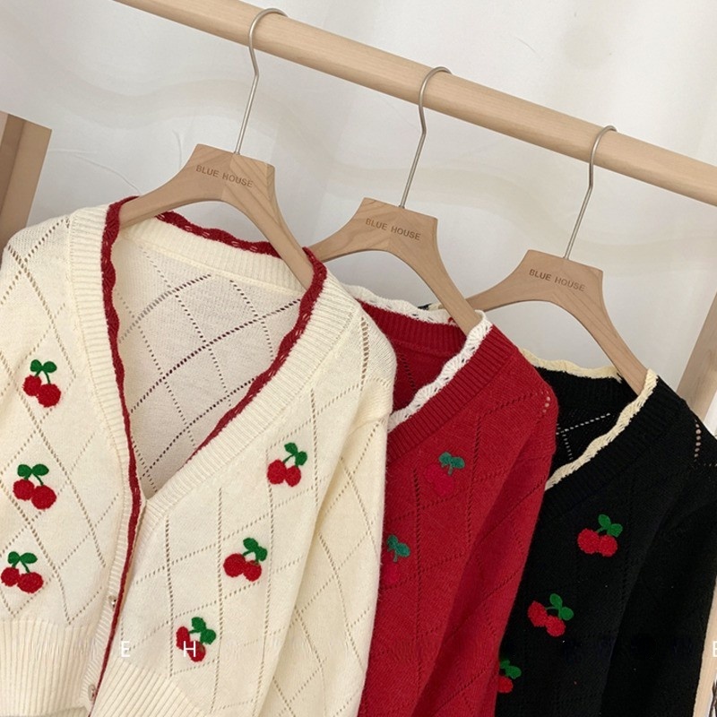 Áo cardigan dệt kim tay dài thêu hình quả cherry kiểu cổ điển