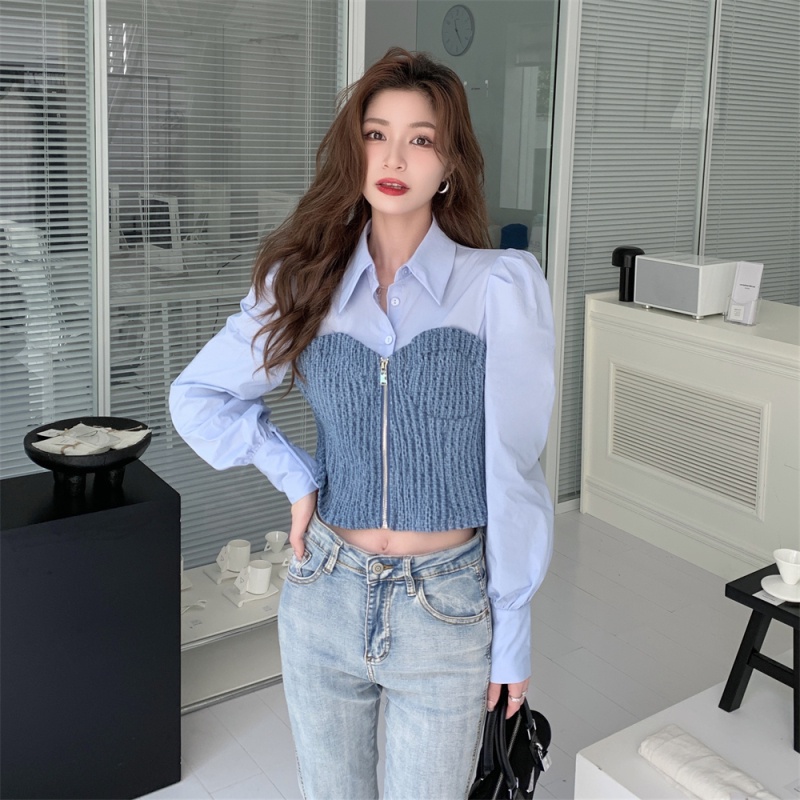 Áo Sơ Mi Denim Tay Dài Phối Màu Tương Phản Phong Cách Thời Trang Mùa Hè Cho Nữ Hàng Quảng Châu Loại 1