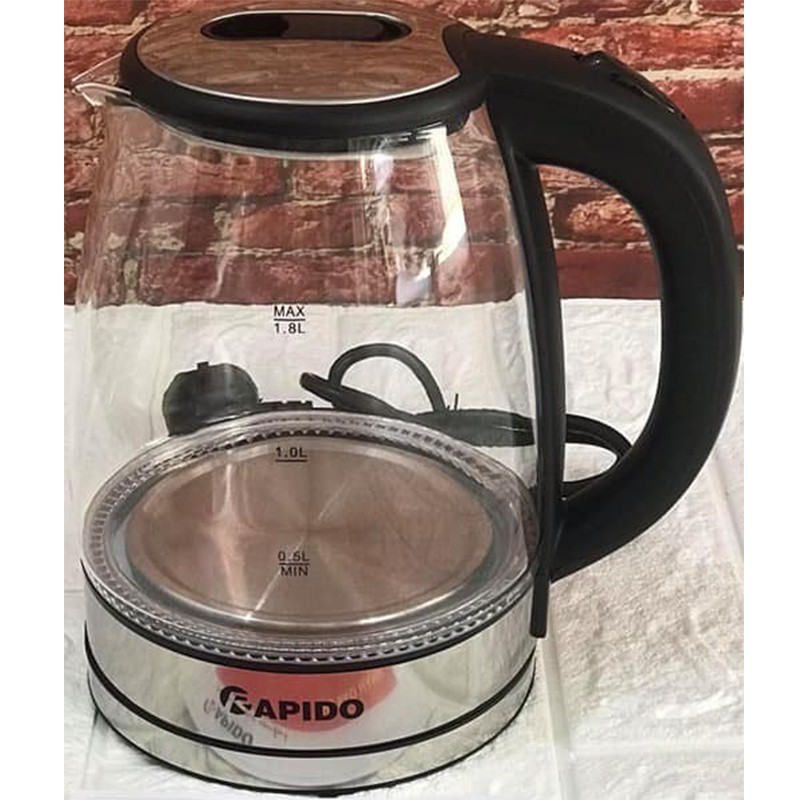 ẤM SIÊU TỐC CAO CẤP RAPIDO 1,8L BẰNG THỦY TINH TRONG SUỐT CHỊU NHIỆT, CÓ ĐÈN BÁO, TAY CẦM BẰNG NHỰA CHỐNG NÓNG