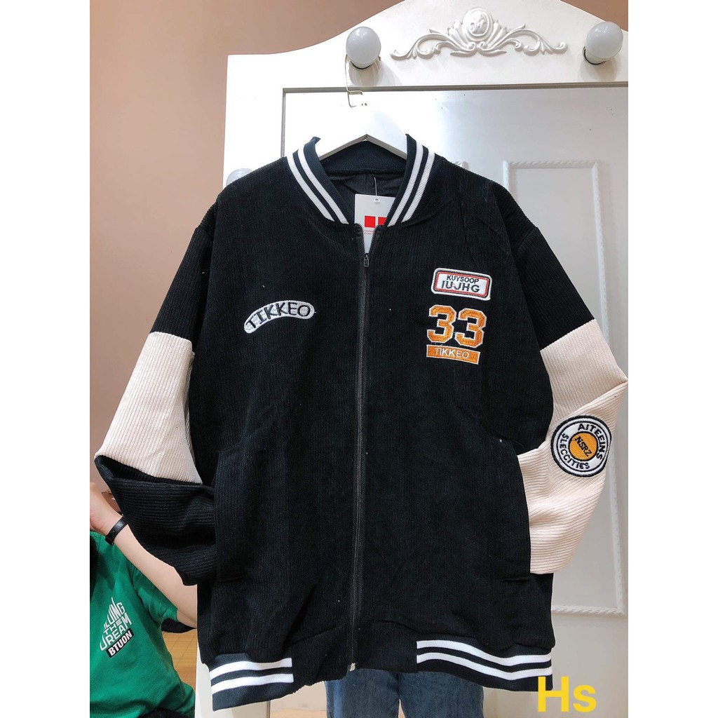 Áo Bomber Nhung Gân 33 🦋 Áo Khoác Sọc Phối Màu Thêu Chữ 🦋