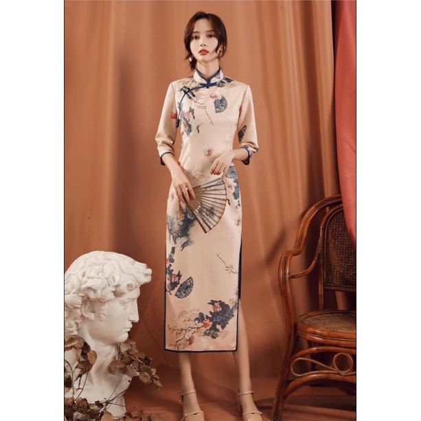 Đầm sườn xám dáng dài thiết kế mới thời trang phong cách Pháp dành cho bạn nữ