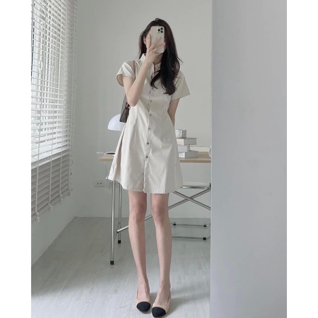 [Ảnh thật/Video]Váy sơ mi cúc gỗ tông màu lạ thiết kế tay cộc siêu Hàn Quốc Đầm sơ mi dáng ngắn dễ mặc