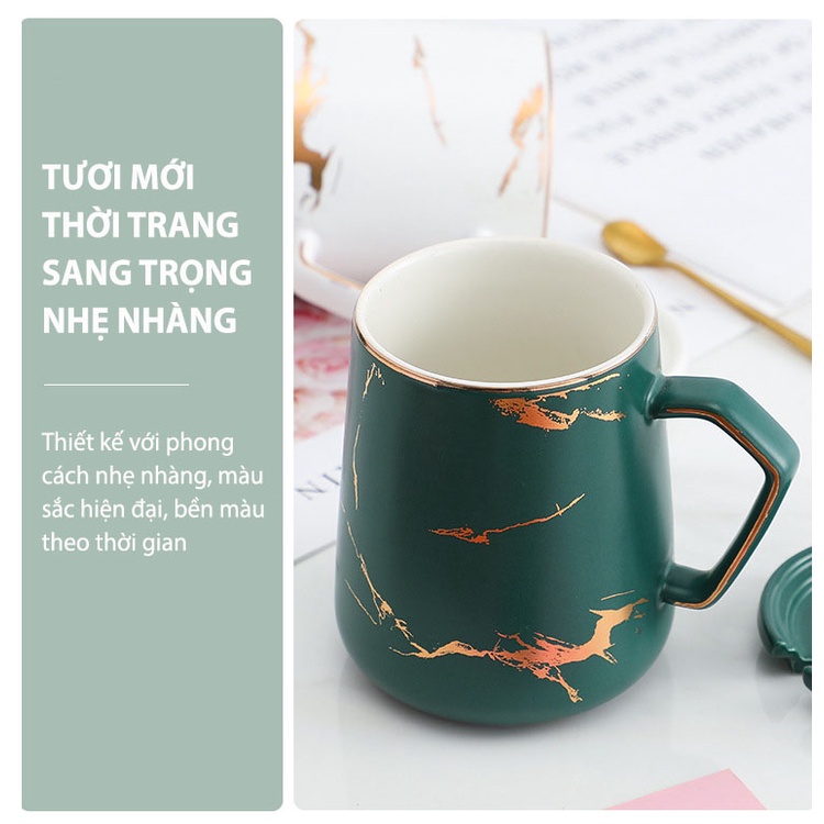 Ly Cốc Sứ Uống Cà Phê Có Nắp Kèm Thìa Chất Liệu Gốm Sứ Cao Cấp Loại 400ml