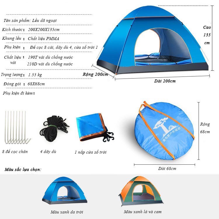 Lều cắm trại dã ngoại tự bung LOẠI DÀY 2 lớp, liều cắm trại chứa 4-5 người, chống nắng, chống mưa, 2 cửa thông thoáng