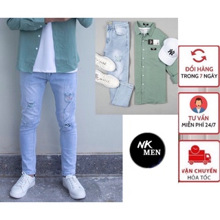 Quần Jean Nam Rách Gối chất bò Cao Cấp co dãn 4 chiều cực đẹp