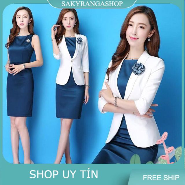 SET ĐẦM BODY ÁO KHOÁC VEST KÈM HOA CÀI