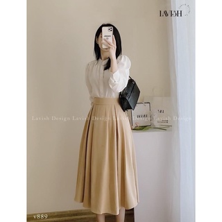 Set áo cổ ngọc chân váy xếp ly
