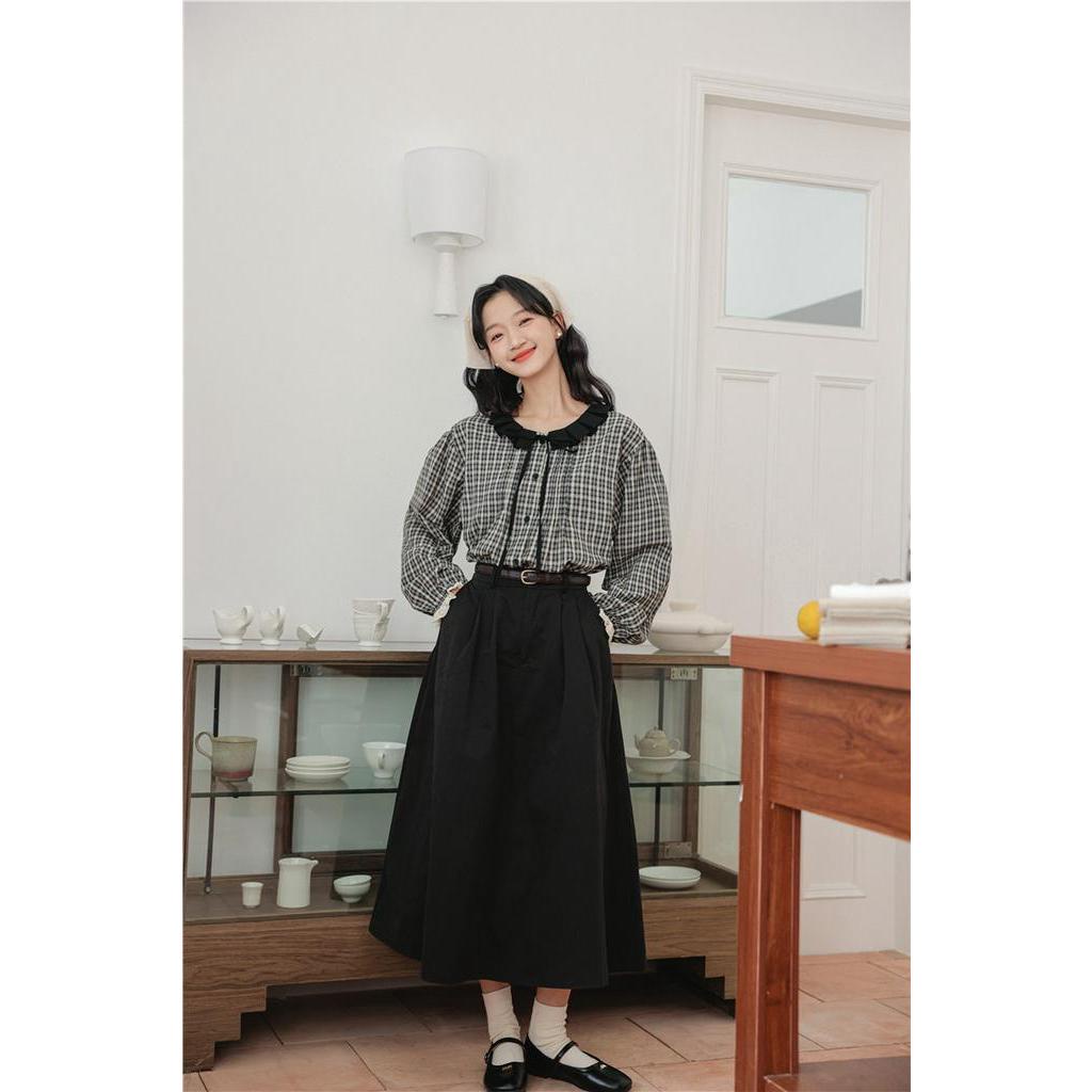 Áo Sơ Mi Sọc Ca Rô Màu Sắc Tương Phản Phong Cách retro Mùa Thu 67403