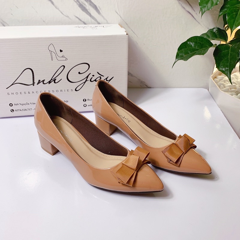 CG23 - Giày da bóng mũi nhọn gót vuông 3p nơ lụa cực xinh hàng VNXK