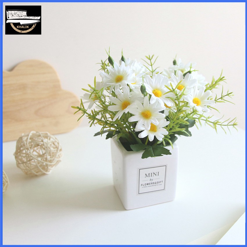 Chậu Hoa giả trang trí để bàn, hoa cúc lụa, chậu bằng sứ MINI BY FLOWER - HF005  (nhiều màu lựa chọn)