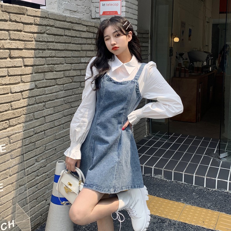 SẴN Váy Đầm Denim Phối Sơ Mi Trắng Dài Tay Phong Cách Thời Trang Nữ