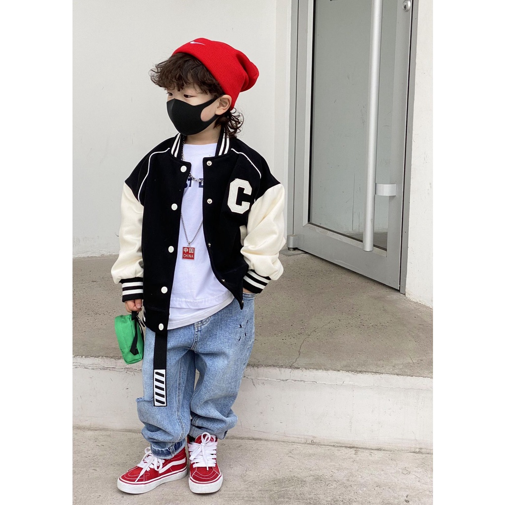 A123- Áo khoác bomber bé trai chữ C size 90 -140, quần áo trẻ em thu đông cao cấp