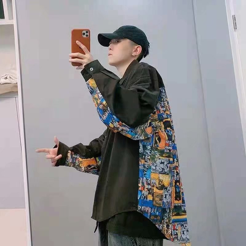 Áo sơ mi dáng rộng in họa tiết phong cách Hàn Quốc thời trang cho nam và nữ size M-2XL