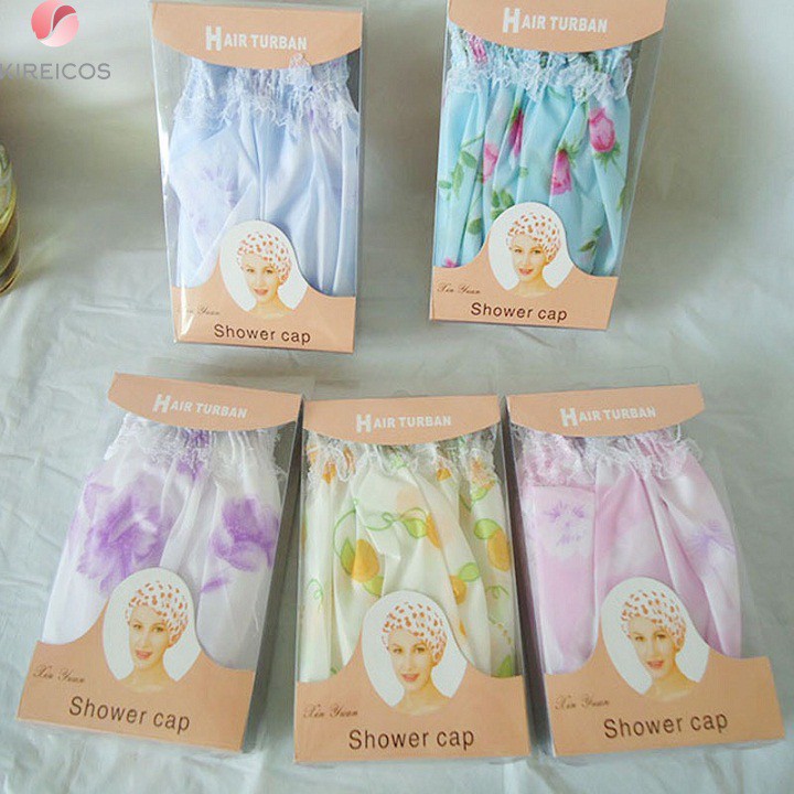 Mũ trùm tóc in hoa hình dễ thương viền ren mỏng chống nước