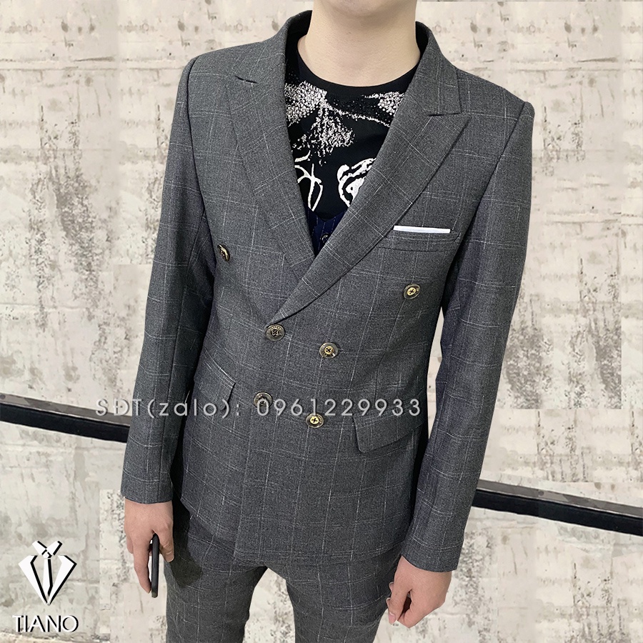 Bộ Vest nam màu Xám kẻ ô vuông 6 khuy kiểu dáng hàn quốc - Chất vải cao cấp - Form ôm đẹp, đủ size