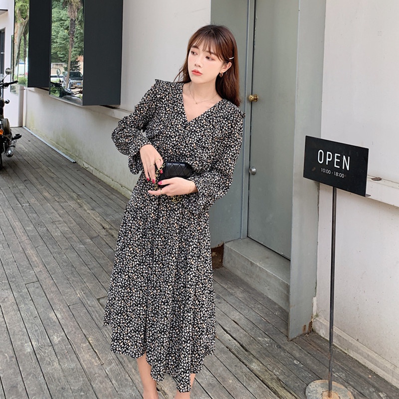 Đầm Maxi Chiffon cổ chữ V in hoa thời trang mùa thu thanh lịch