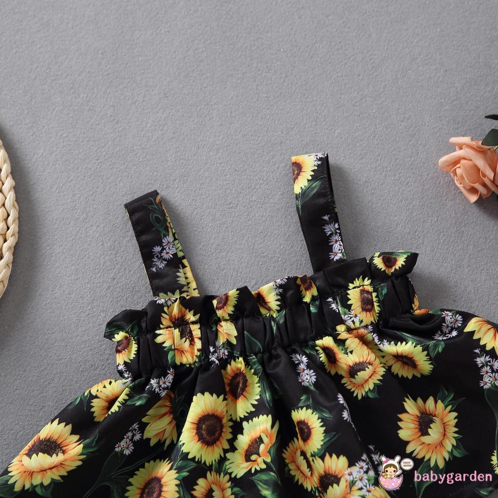Set Đồ Mùa Hè 2 Món Gồm Áo Hai Dây In Hoa Hướng Dương + Chân Váy Yếm Đính Nơ Cho Bé Gái 0-12 Tháng Tuổi