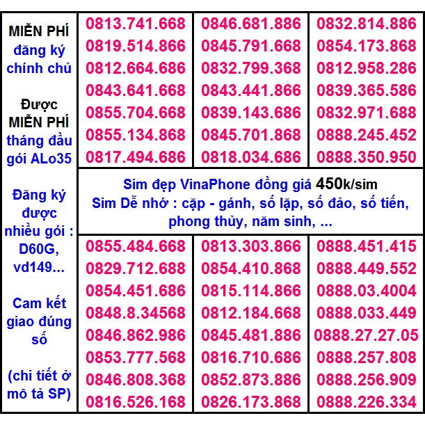 Sim Vina số đẹp 450k Hỗ Trợ ĐK chính chủ Miễn phí gói ALO35 tháng đầu, ĐK được gói VD149-D60G...(xem chi tiết SP)