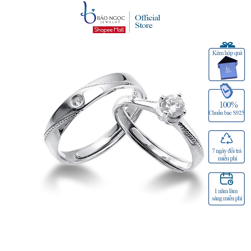 Nhẫn Bạc Đôi Nam Nữ Đính Đá Bạc ITALY S925 Màu Trắng Sáng Cao Cấp ND2521 Bảo Ngọc Jewelry