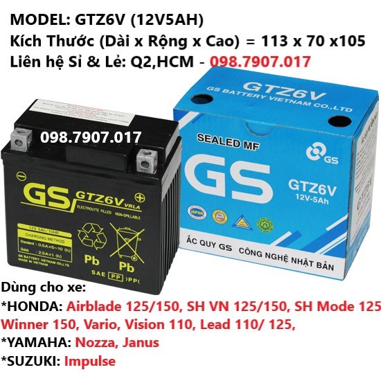 ẮC QUY GS cho xe VISION, WAVE, DREAM, SIRUS, AIR BLABE, WINER, EXITER, SH, ATILA, PIAGIO, CLICK, NOZZA, JUPITER, FUTURE