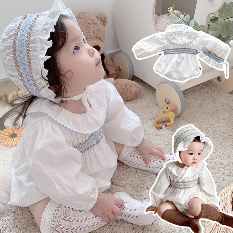 Set đồ liền thân tay dài + mũ thêu hoa dành cho bé gái sơ sinh