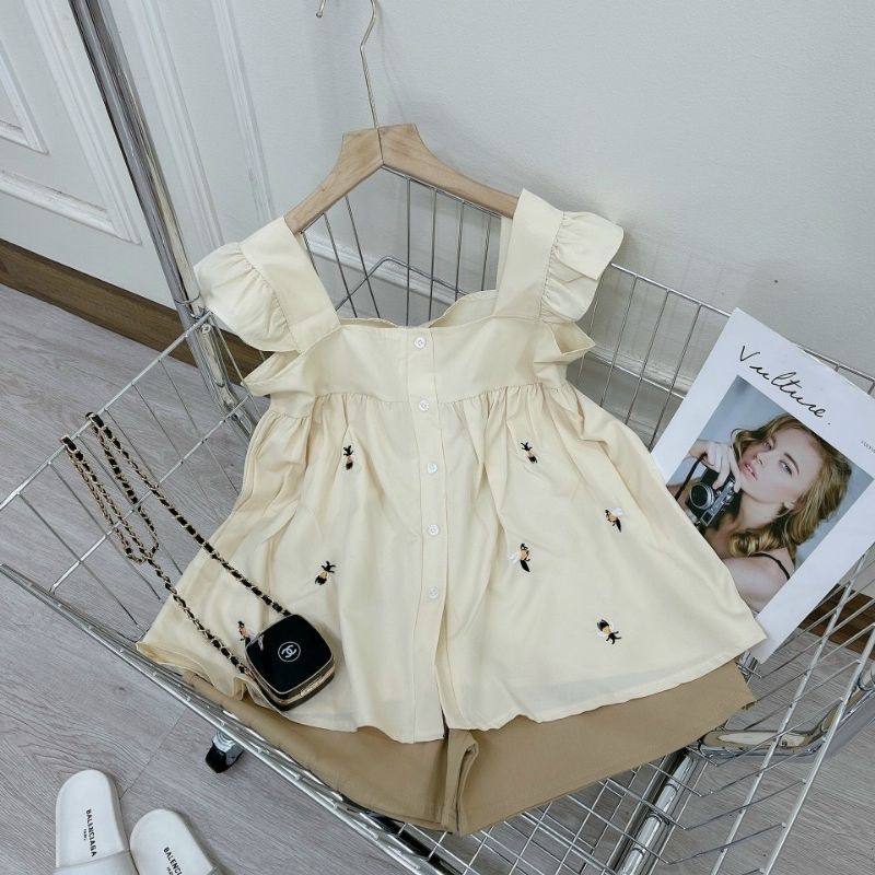 Bộ mặc nhà babydoll nữ thêu tổ ong tay cánh tiên chất đũi lụa mềm mát - Mã B110