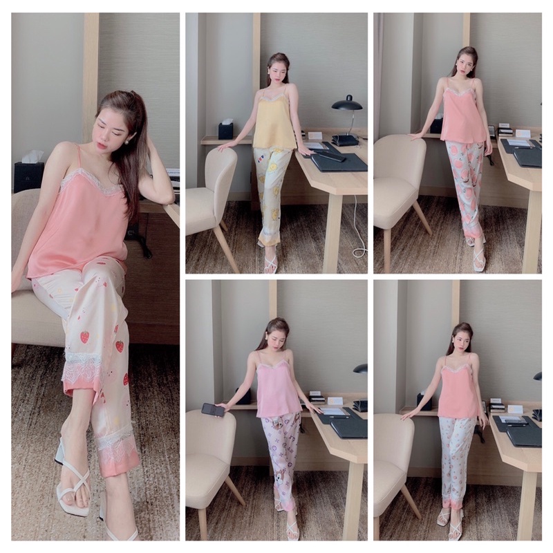Bộ Đồ Pijama - Bộ Lụa Satin Hai Dây Ren Quần Dài[Hàng Đẹp, Lụa Mát Mịn] Không Nhăn, Không Bai Giãn, Không Phải màu