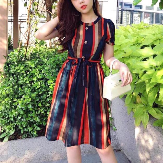 ĐẦM SỌC 5 MÀU DÁNG XÒE CỘT EO CHẤT LỤA MỀM ྇ ་