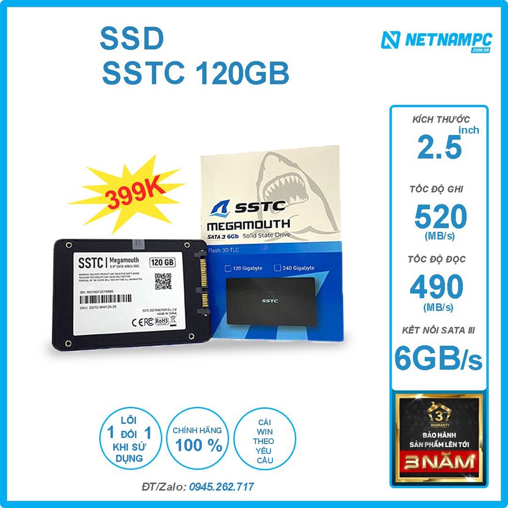 Ổ cứng SSD SSTC 120Gb - Bảo hành online 36 tháng , KM dây cáp Sata