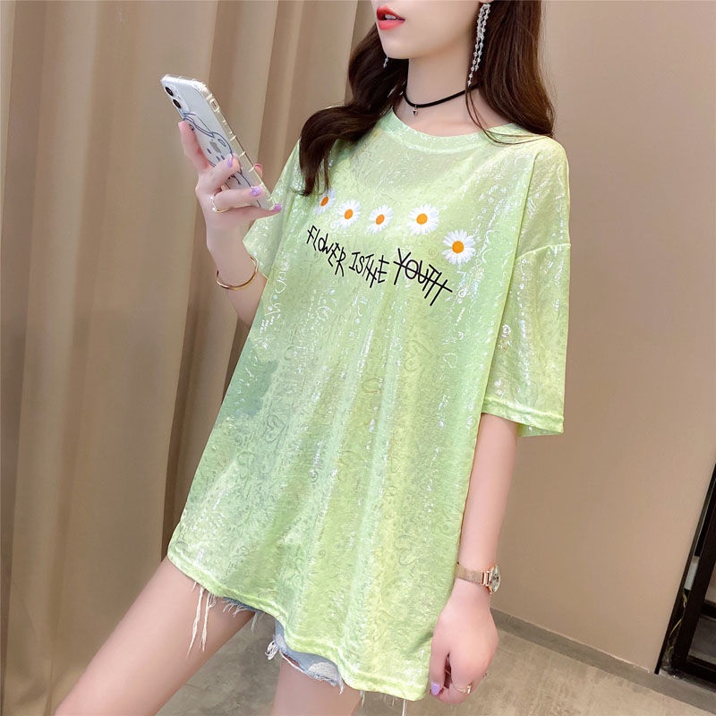Ice silk loose short sleeve T-shirt 2022 summer new Korean fashion print Little Daisy half sleeve top women's ins fashion