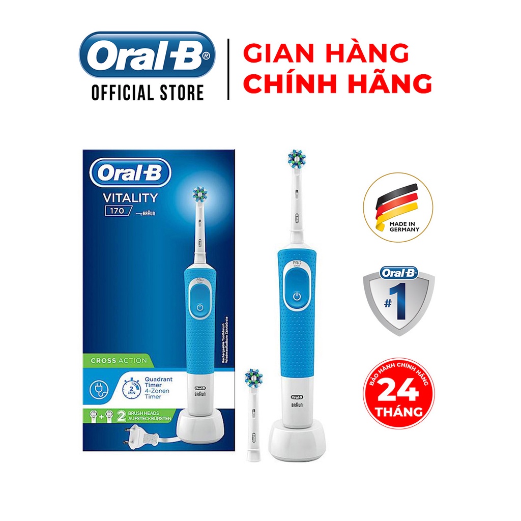 Bàn chải đánh răng điện Oral-B Vitality 170 CrossAction Blue- 2 đầu thay D100.423.1, hàng chính hãng , bảo hành 24 tháng